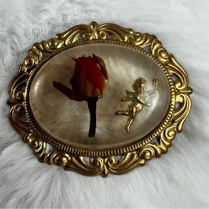 Vintage Dried Flower w/ Cupid Gold Tone and Resin Brooch